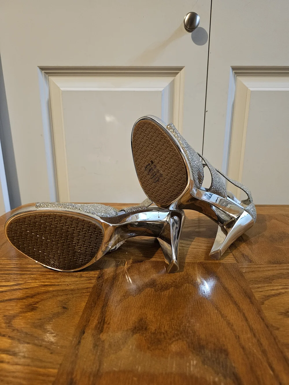 Michael Kors Silver Glitter T-Strap High Heel Sandals with Front Zip